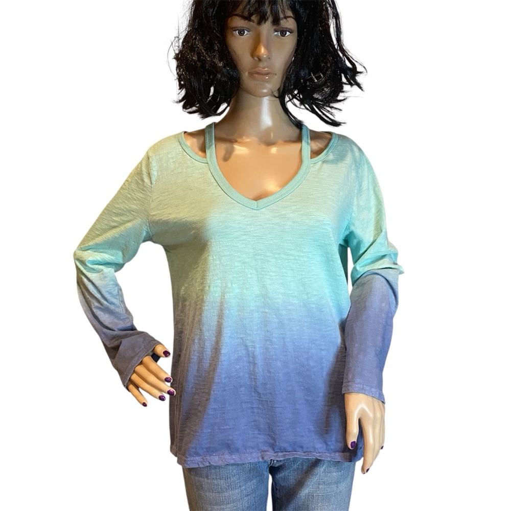 Entro Cold Shoulder Long Sleeved Tee Shirt Top Blue to Green Ombre Sz Medium VGC